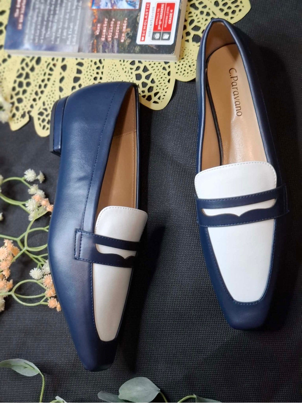 C. Pavarano Navy and White Leather Penny Loafers for Women